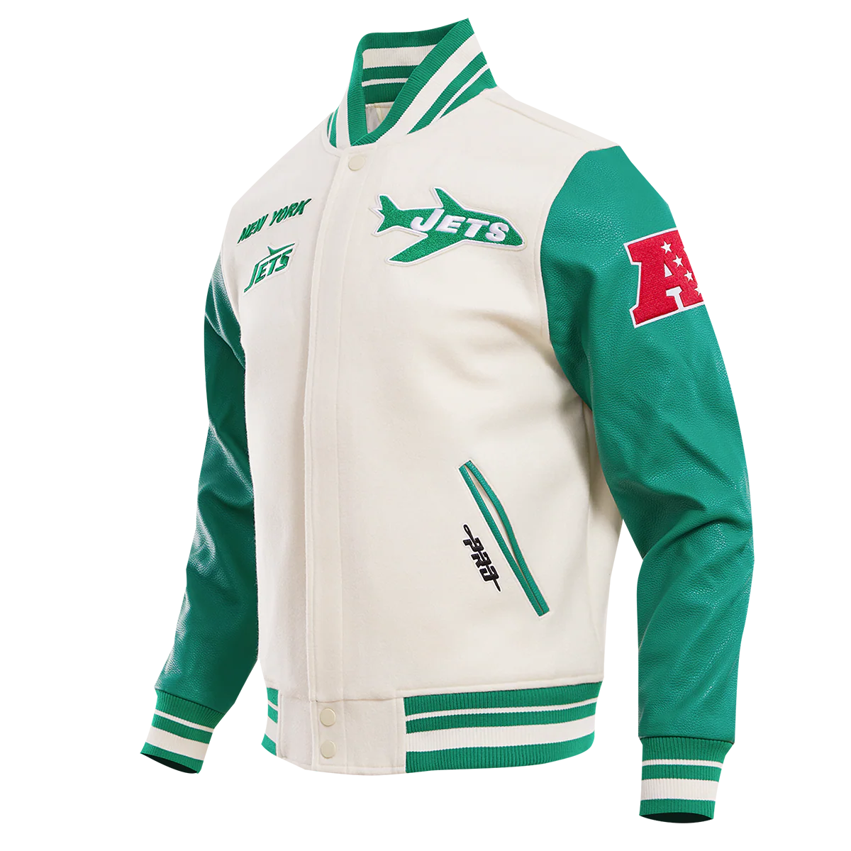 NFL NEW YORK JETS RETRO CLASSIC MEN'S RIB WOOL VARSITY JACKET (EGGSHELL/ KELLY GREEN) - Image 2