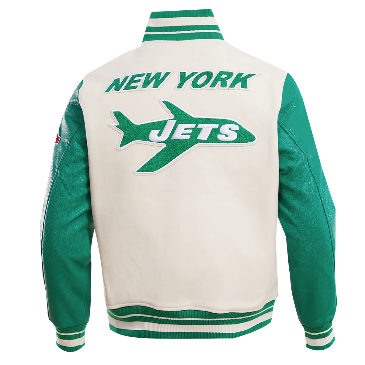 NFL NEW YORK JETS RETRO CLASSIC MEN'S RIB WOOL VARSITY JACKET (EGGSHELL/ KELLY GREEN) - Image 3