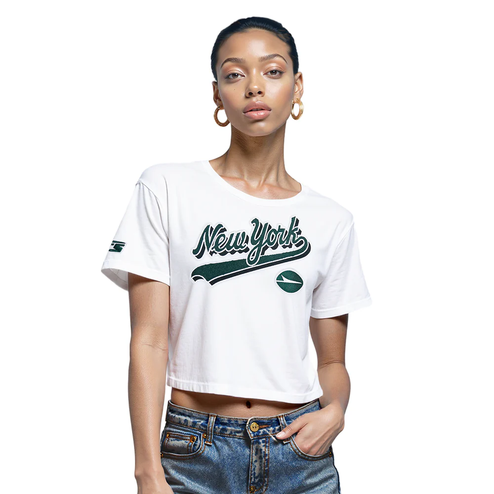 NFL NEW YORK JETS SCRIPT TAIL WOMEN'S SJ BOXY TEE (WHITE)