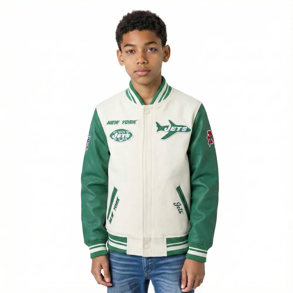 NFL NEW YORK JETS RETRO CLASSIC BIG BOY'S RIB WOOL VARSITY JACKET (EGGSHELL/ KELLY GREEN)