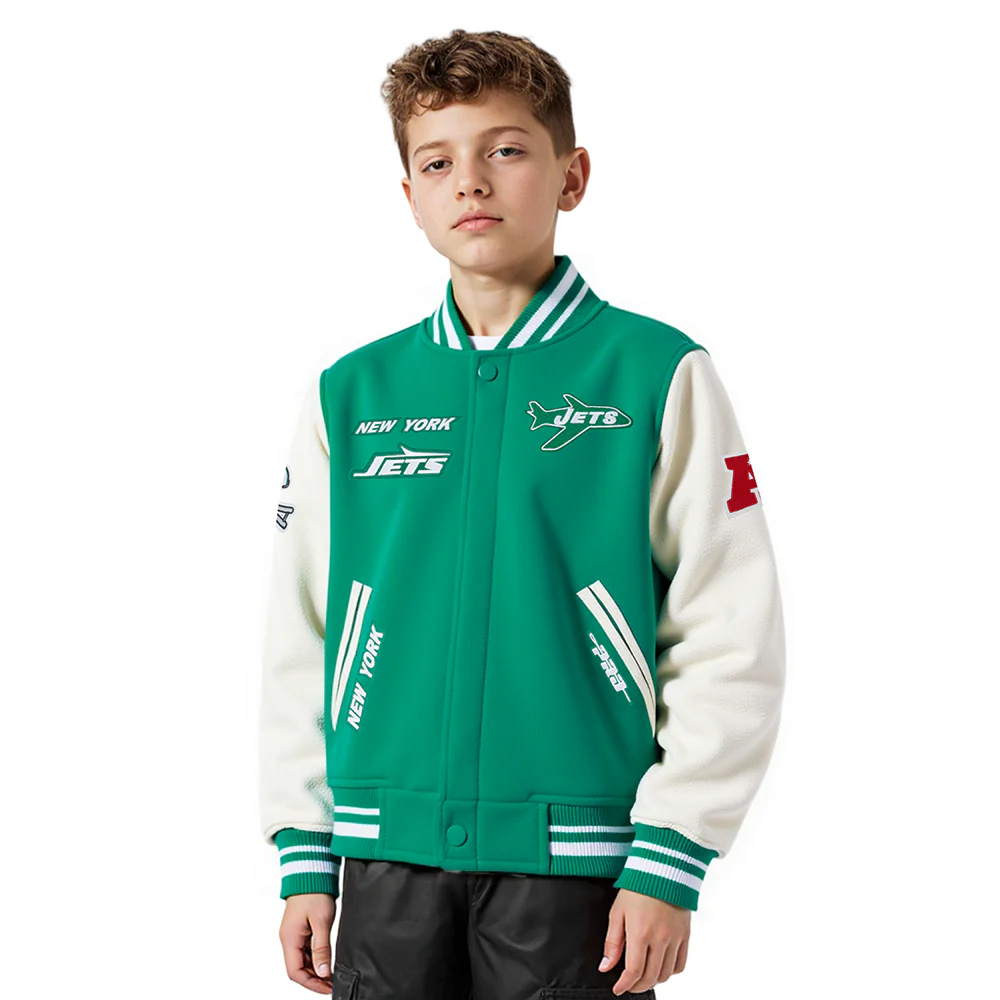 NFL NEW YORK JETS RETRO CLASSIC BIG BOYS RIB WOOL VARSITY JACKET (KELLY GREEN/ WHITE)