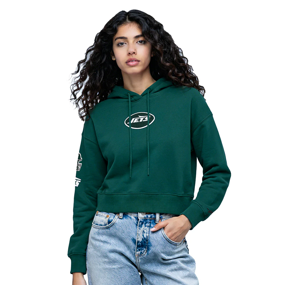 NFL NEW YORK JETS CLASSIC WOMEN'S CROPPED FLEECE PULLOVER HOODIE (FOREST GREEN)