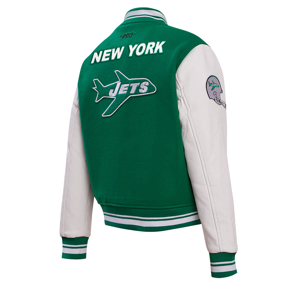 NFL NEW YORK JETS RETRO CLASSIC WOMEN'S RIB WOOL VARSITY JACKET (KELLY GREEN/ WHITE) - Image 4