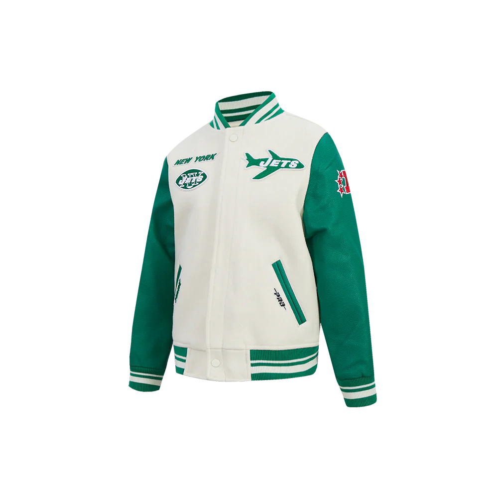 NFL NEW YORK JETS RETRO CLASSIC LITTLE BOY'S RIB WOOL VARSITY JACKET (EGGSHELL/ KELLY GREEN) - Image 3