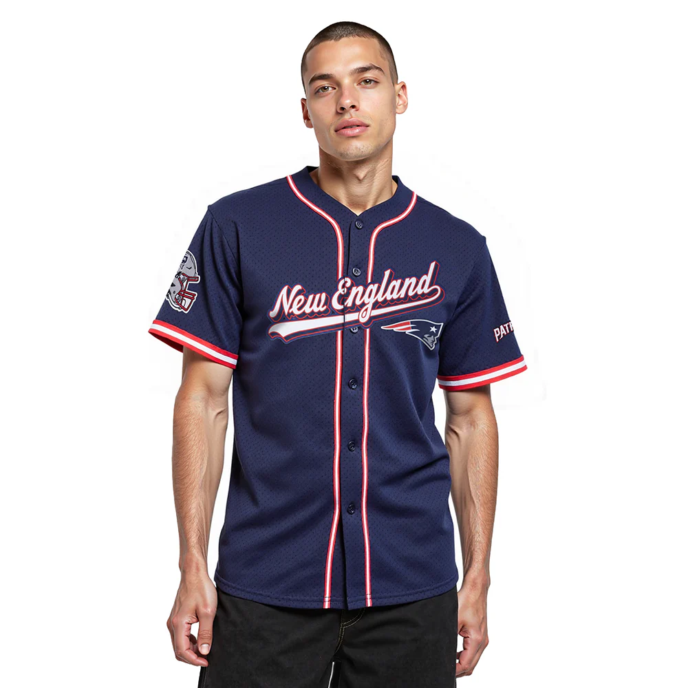 NFL NEW ENGLAND PATRIOTS SCRIPT TAIL MEN'S MESH BUTTON DOWN SHIRT (MIDNIGHT NAVY/RED)