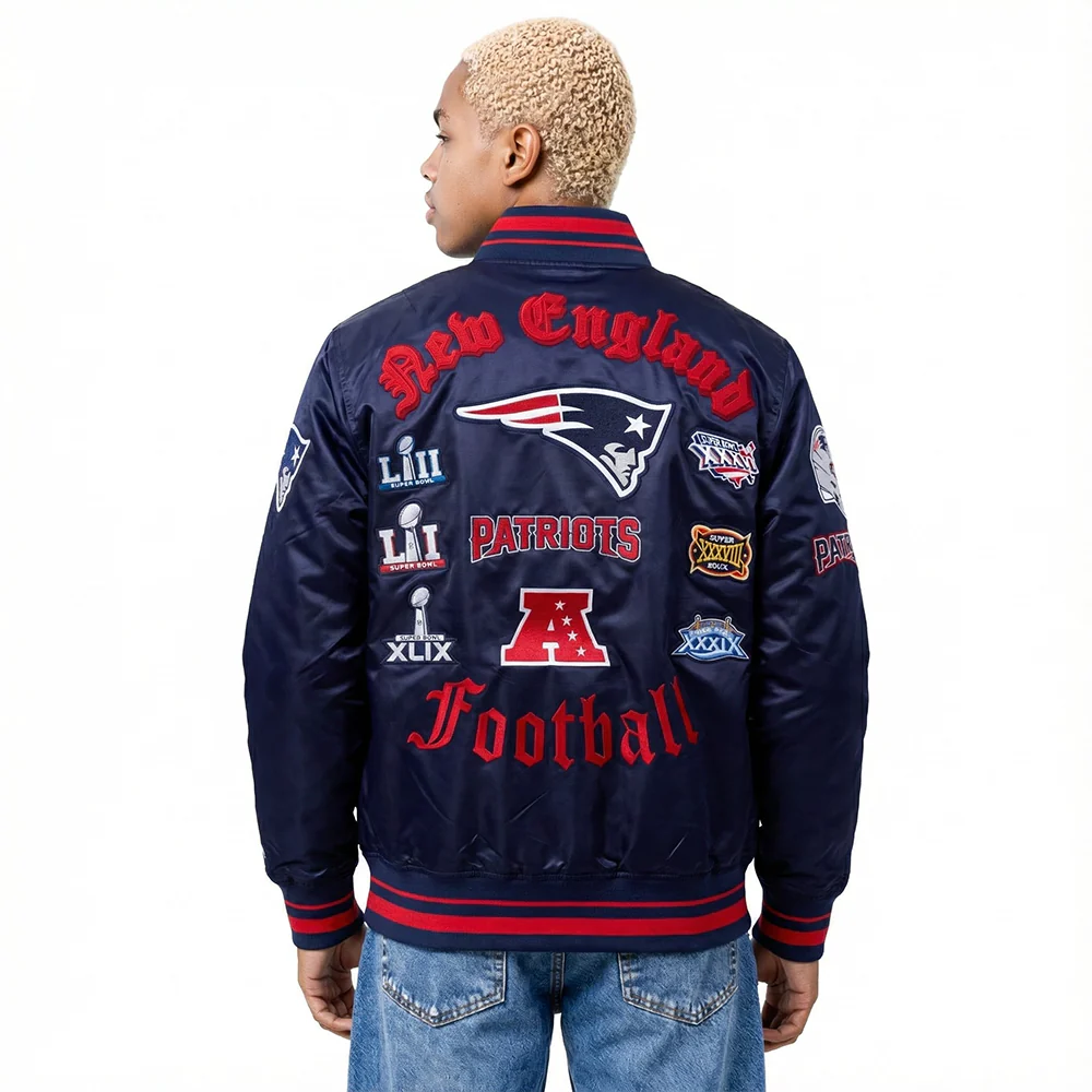 NFL NEW ENGLAND PATRIOTS OLD ENGLISH MEN'S RIB SATIN JACKET (MIDNIGHT NAVY/RED/MIDNIGHT NAVY) - Image 2