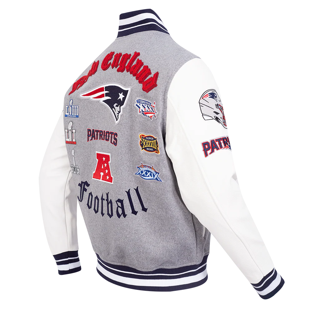 NFL NEW ENGLAND PATRIOTS OLD ENGLISH MEN'S RIB WOOL VARSITY JACKET (HEATHER GREY/WHITE/MIDNIGHT NAVY) - Image 4