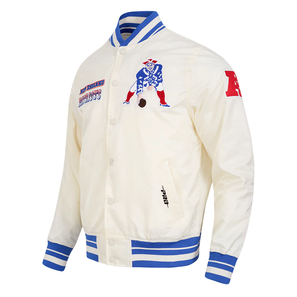 NFL NEW ENGLAND PATRIOTS RETRO CLASSIC MEN'S RIB SATIN JACKET (EGGSHELL/ ROYAL BLUE) - Image 2