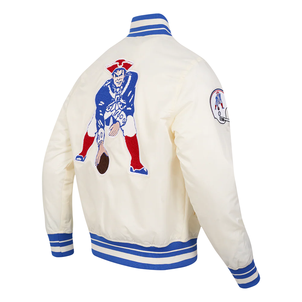 NFL NEW ENGLAND PATRIOTS RETRO CLASSIC MEN'S RIB SATIN JACKET (EGGSHELL/ ROYAL BLUE) - Image 4