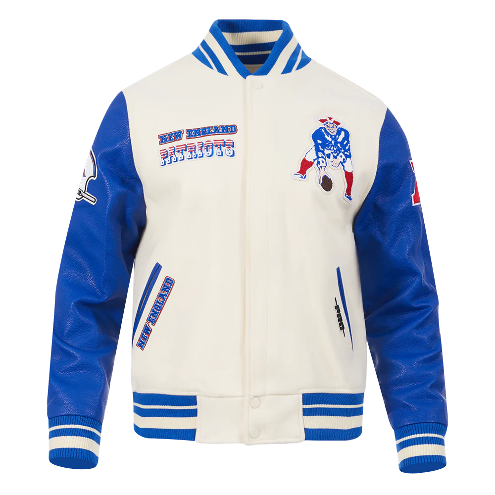 NFL NEW ENGLAND PATRIOTS RETRO CLASSIC MEN'S RIB WOOL VARSITY JACKET (EGGSHELL/ ROYAL BLUE)