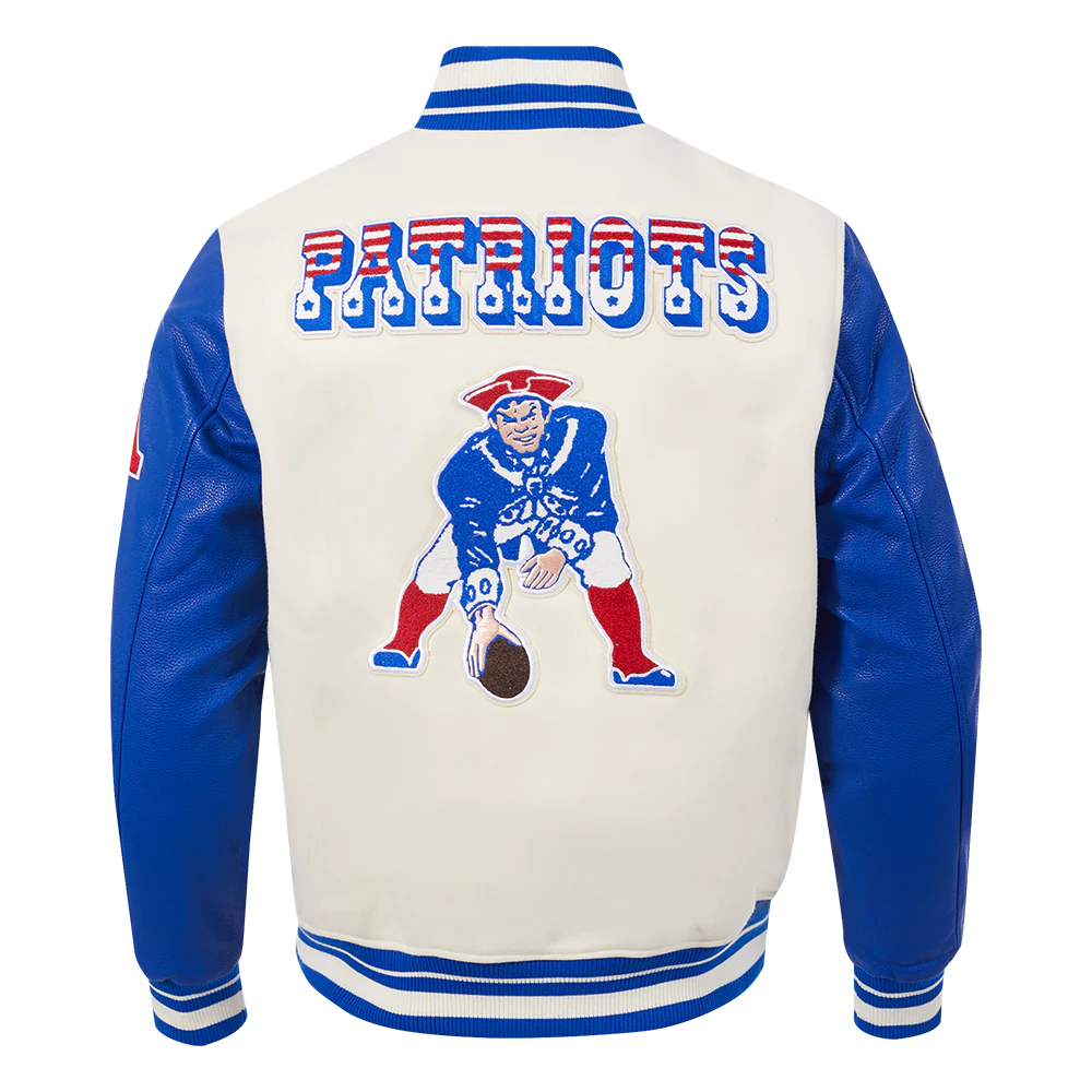 NFL NEW ENGLAND PATRIOTS RETRO CLASSIC MEN'S RIB WOOL VARSITY JACKET (EGGSHELL/ ROYAL BLUE) - Image 3