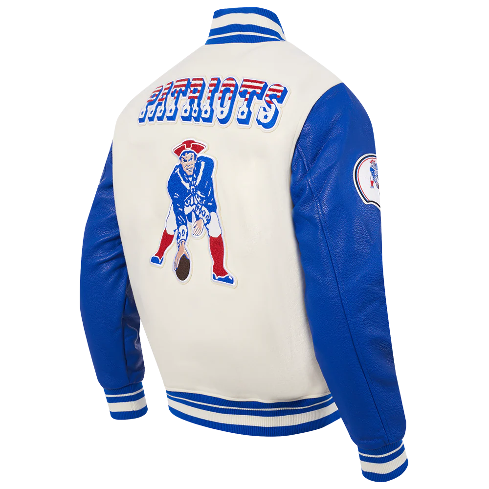 NFL NEW ENGLAND PATRIOTS RETRO CLASSIC MEN'S RIB WOOL VARSITY JACKET (EGGSHELL/ ROYAL BLUE) - Image 4