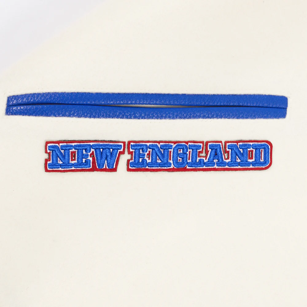 NFL NEW ENGLAND PATRIOTS RETRO CLASSIC MEN'S RIB WOOL VARSITY JACKET (EGGSHELL/ ROYAL BLUE) - Image 7