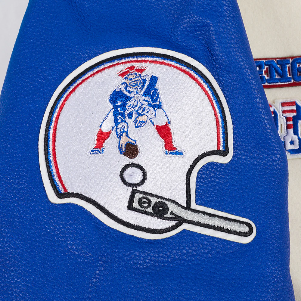 NFL NEW ENGLAND PATRIOTS RETRO CLASSIC MEN'S RIB WOOL VARSITY JACKET (EGGSHELL/ ROYAL BLUE) - Image 8