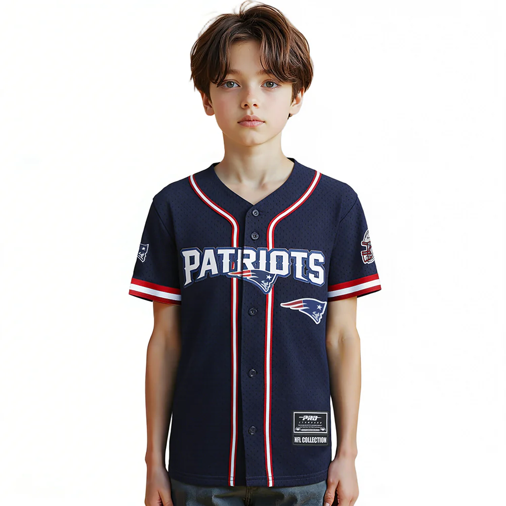 NFL NEW ENGLAND PATRIOTS CLASSIC BIG BOY'S MESH BUTTON DOWN SHIRT (MIDNIGHT NAVY/RED)