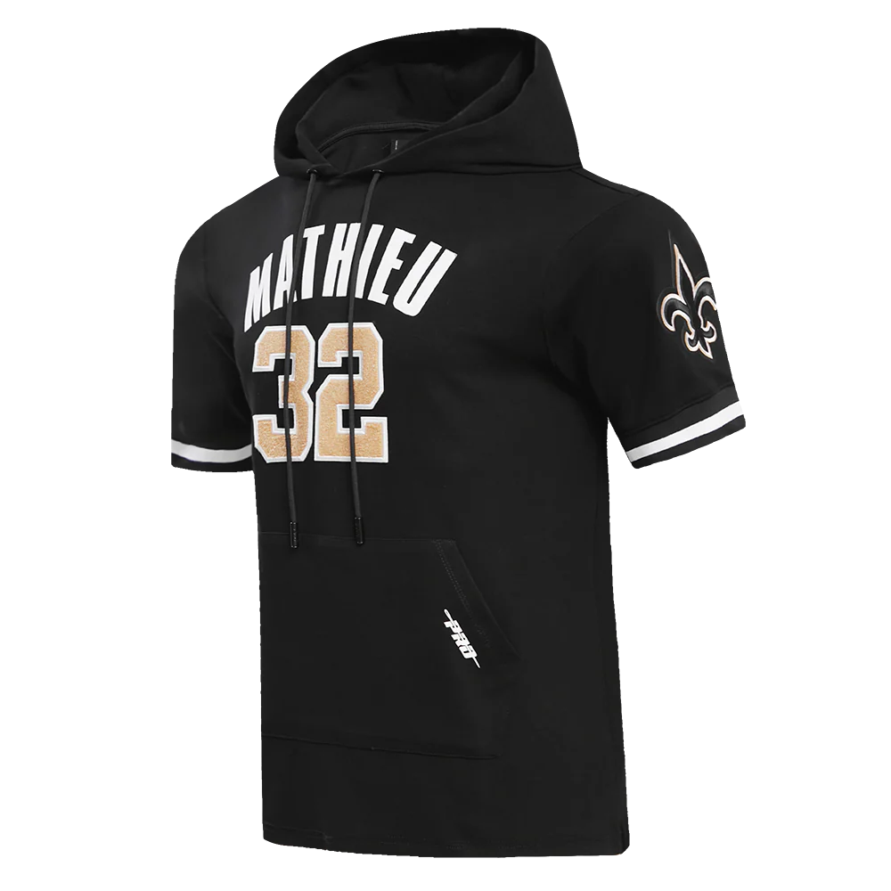 NFL NEW ORLEANS SAINTS TYRANN MATHIEU #32 MEN'S DOUBLE KNIT SHORT SLEEVE PULLOVER HOODIE (BLACK) - Image 2