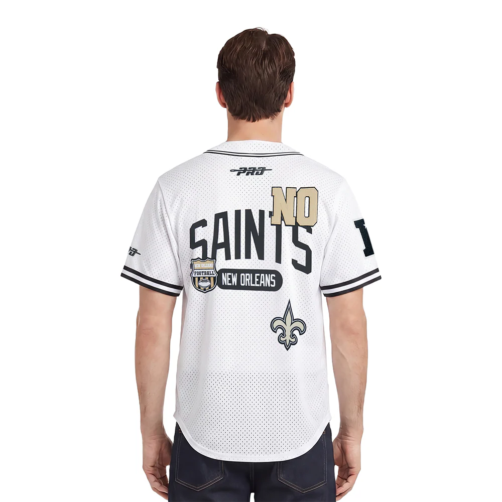 NFL NEW ORLEANS SAINTS LETTERMAN MEN'S BUTTON DOWN MESH TOP (WHITE/BLACK/WHITE) - Image 2
