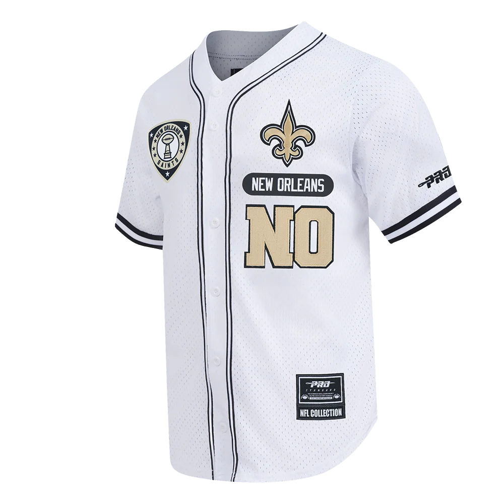 NFL NEW ORLEANS SAINTS LETTERMAN MEN'S BUTTON DOWN MESH TOP (WHITE/BLACK/WHITE) - Image 3