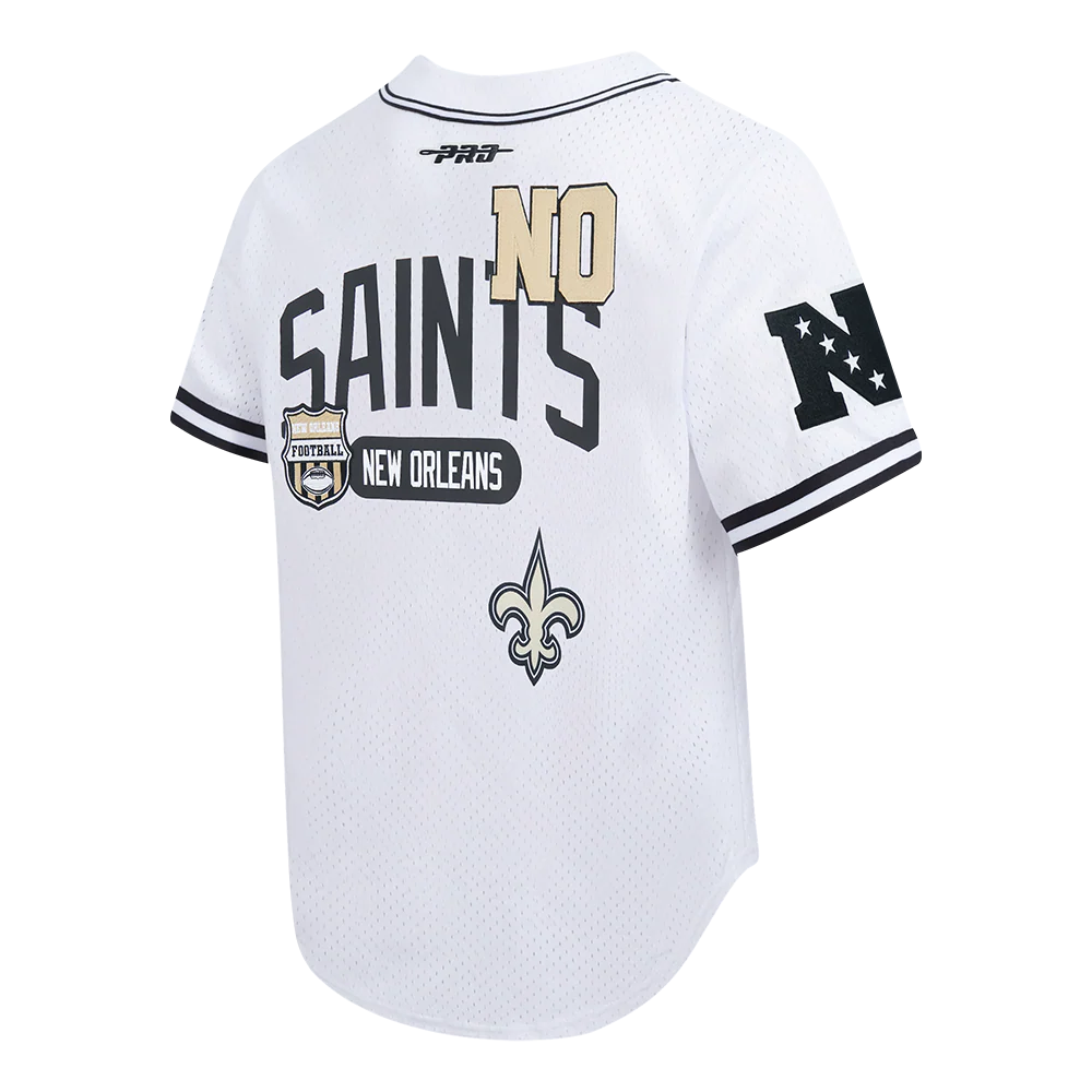 NFL NEW ORLEANS SAINTS LETTERMAN MEN'S BUTTON DOWN MESH TOP (WHITE/BLACK/WHITE) - Image 4