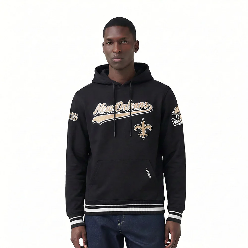 NFL NEW ORLEANS SAINTS SCRIPT TAIL MEN'S RIB FLC PO HOODIE (BLACK)