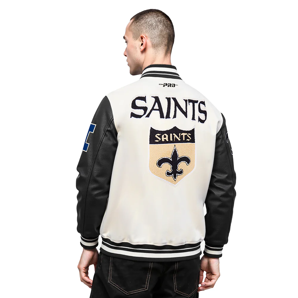 NFL NEW ORLEANS SAINTS RETRO CLASSIC MEN'S RIB WOOL VARSTIY JACKET (EGGSHELL/ BLACK) - Image 2