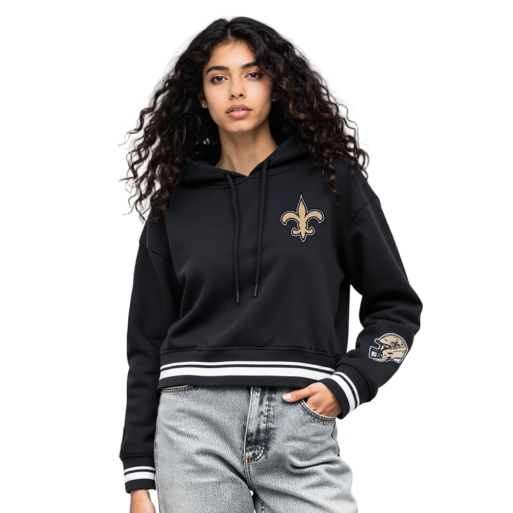 NFL NEW ORLEANS SAINTS MASHUP WOMEN'S RIB CROPPED PO HOODIE (BLACK)