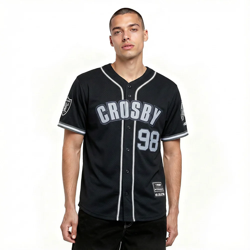 NFL LAS VEGAS RAIDERS MAXX CROSBY #98 CLASSIC MESH PNN MEN'S MESH BUTTON DOWN SHIRT (BLACK/GRAY)