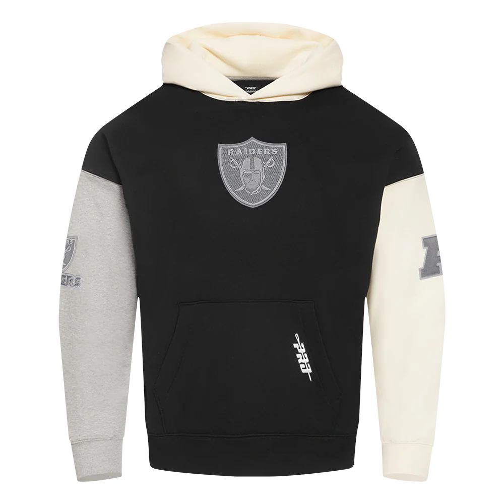 NFL LAS VEGAS RAIDERS REVERSE FRENCH TERRY MEN'S COLOR BLOCK FLEECE PULLOVER HOODIE (BLACK/GRAY/EGGSHELL)