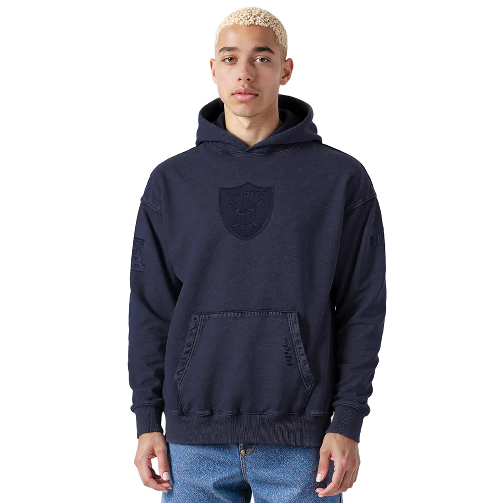 NFL LAS VEGAS RAIDERS WASHED CLASSIC MEN'S ENZYME WASH DROP SHOULDER FT PO HOODIE (WASHED MIDNIGHT NAVY) - Image 8