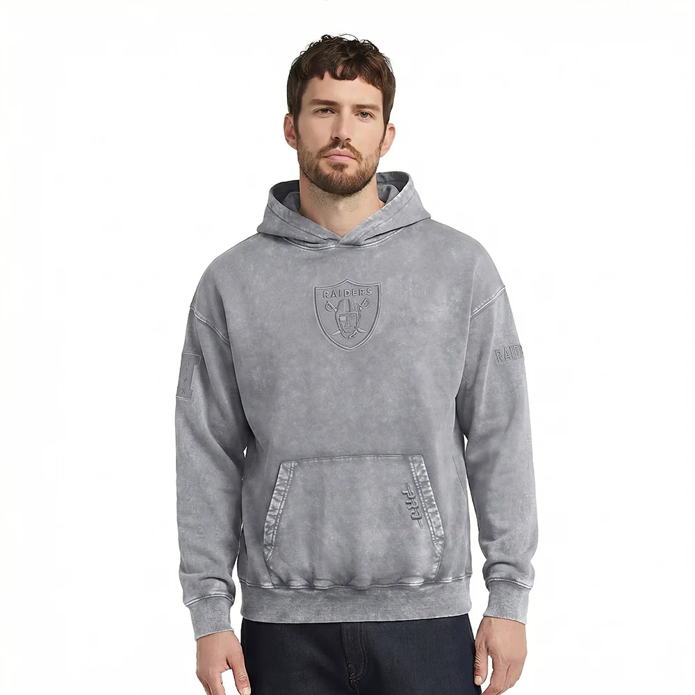 NFL LAS VEGAS RAIDERS WASHED CLASSIC MEN'S ENZYME WASH DROP SHOULDER HOODIE (WASHED GREY)