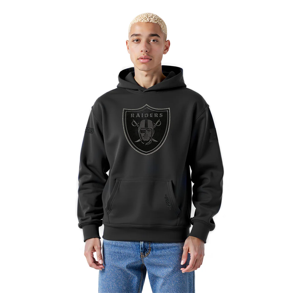 NFL LAS VEGAS RAIDERS BLACKOUT MEN'S DROP SHOULDER FLC PO HOODIE (BLACK)