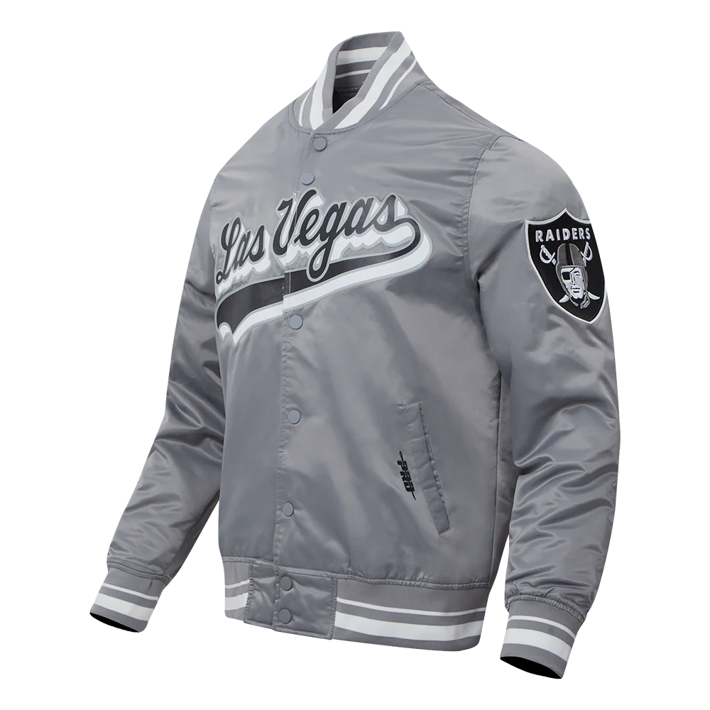 NFL LAS VEGAS RAIDERS SCRIPT TAIL MEN'S RIB SATIN JACKET (GRAY) - Image 6