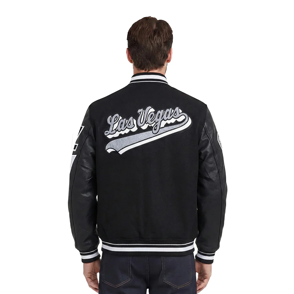 NFL LAS VEGAS RAIDERS SCRIPT TAIL MEN'S RIB WOOL VARSITY JACKET (BLACK/GRAY) - Image 2