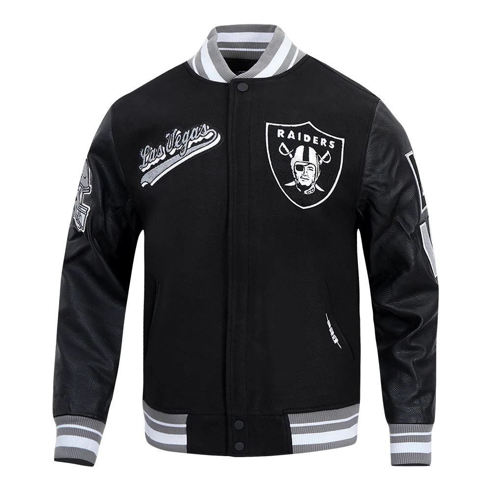 NFL LAS VEGAS RAIDERS SCRIPT TAIL MEN'S RIB WOOL VARSITY JACKET (BLACK/GRAY) - Image 3