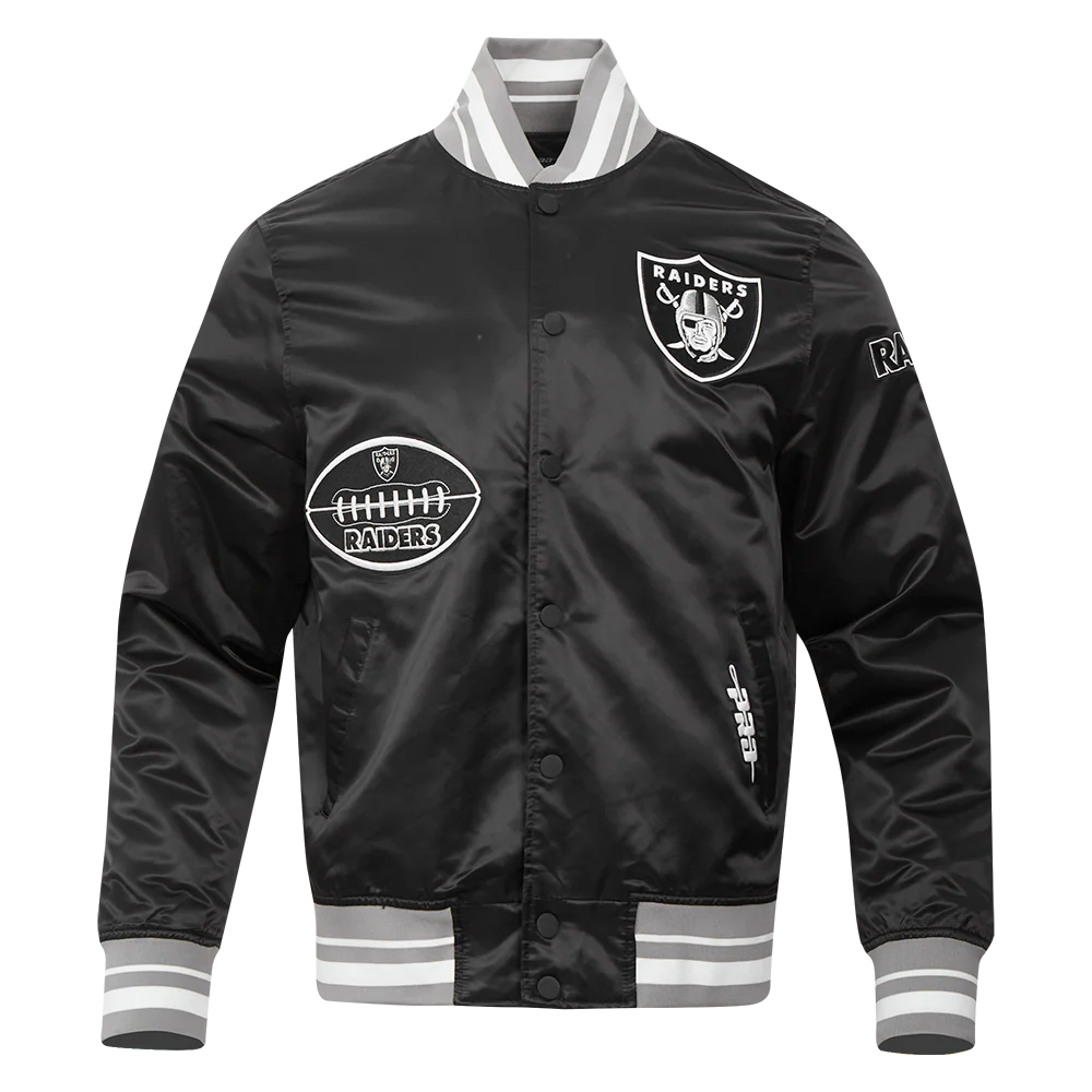 NFL LAS VEGAS RAIDERS OLD ENGLISH MEN'S LOGO SATIN JACKET (BLACK/GRAY)