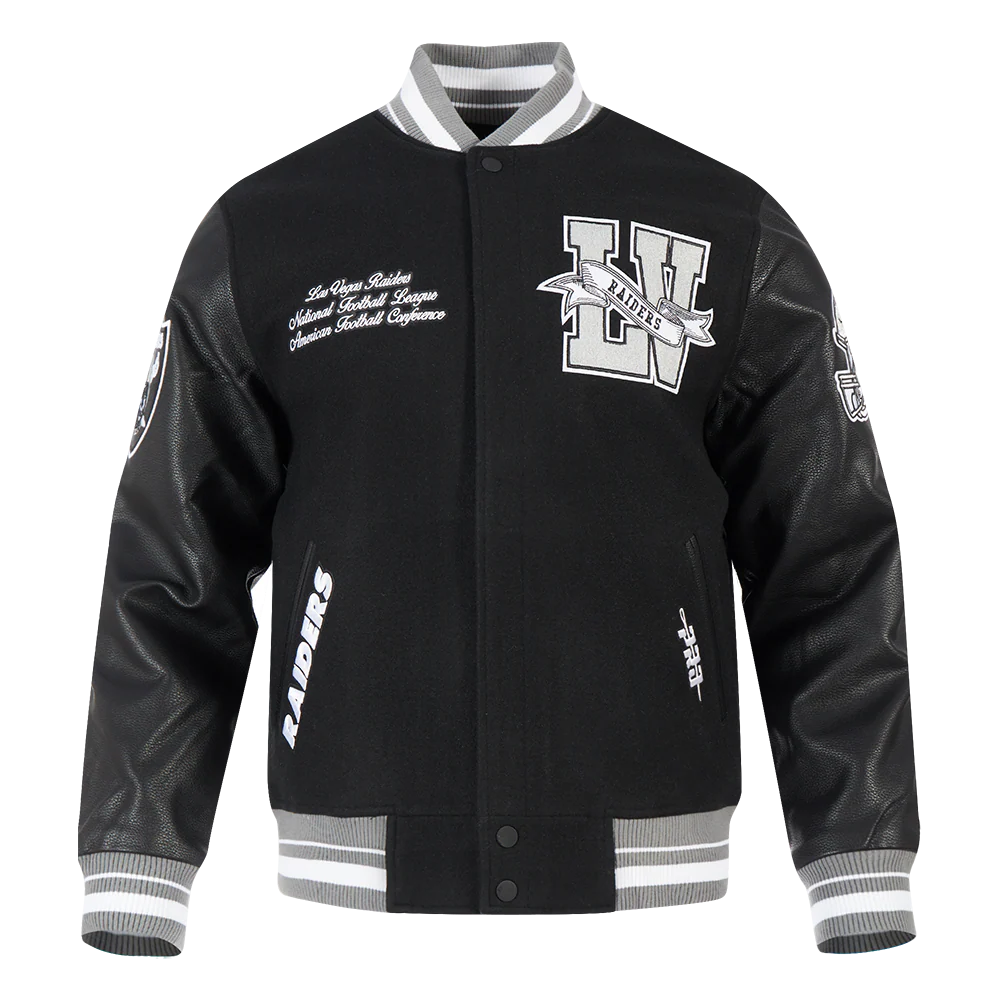 NFL LAS VEGAS RAIDERS TEAM PENNANTS MEN'S RIB WOOL VARSITY JACKET (BLACK/GRAY)