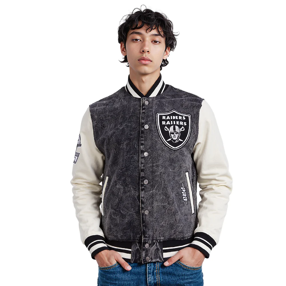 NFL LAS VEGAS RAIDERS REBEL ATHLETICS MEN'S DENIM VARSITY JACKET (WASHED BLACK/EGGSHELL) - Image 10