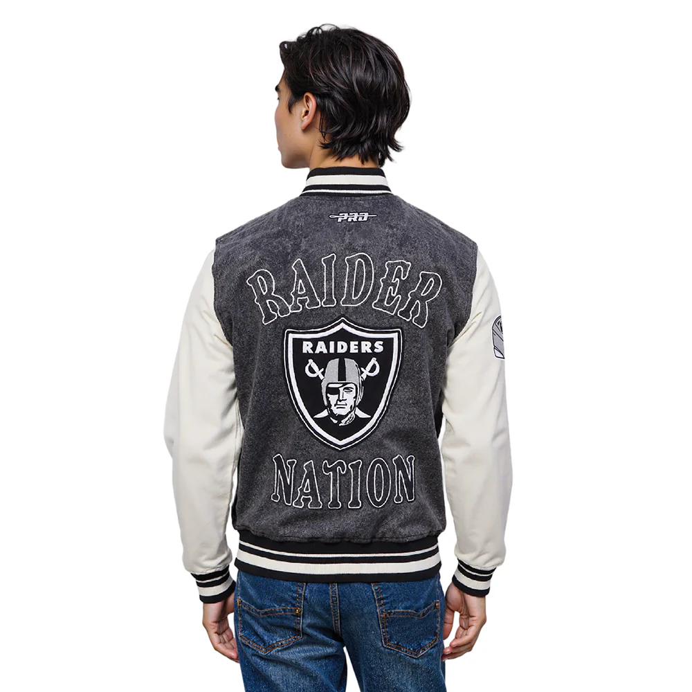 NFL LAS VEGAS RAIDERS REBEL ATHLETICS MEN'S DENIM VARSITY JACKET (WASHED BLACK/EGGSHELL) - Image 11
