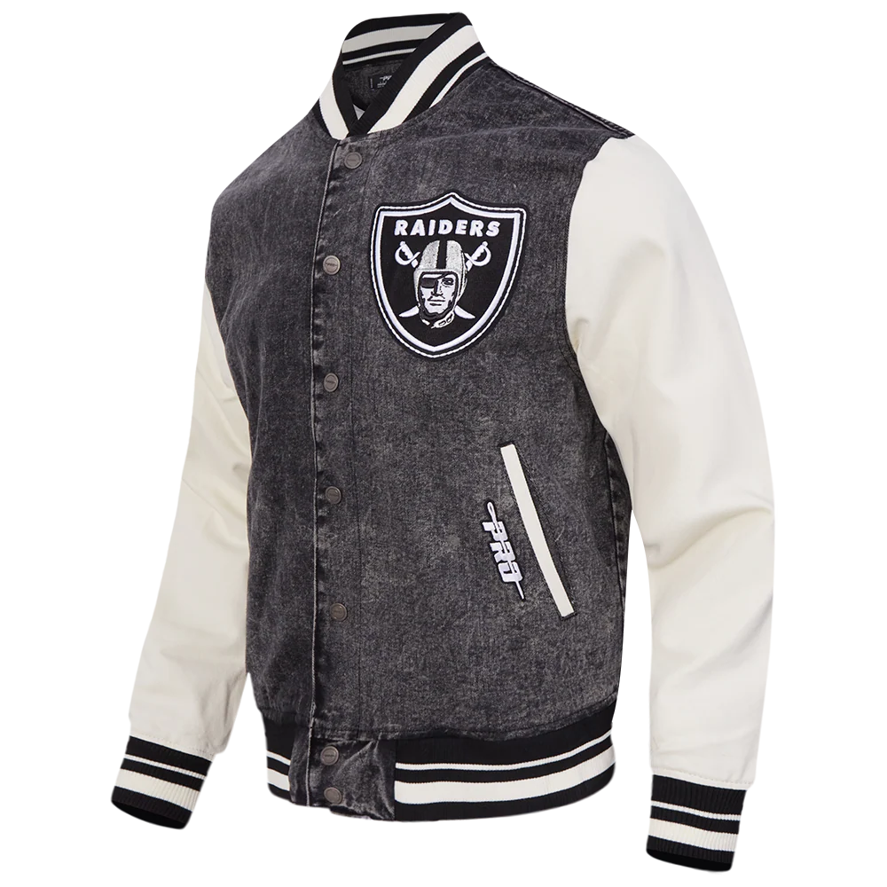 NFL LAS VEGAS RAIDERS REBEL ATHLETICS MEN'S DENIM VARSITY JACKET (WASHED BLACK/EGGSHELL) - Image 12