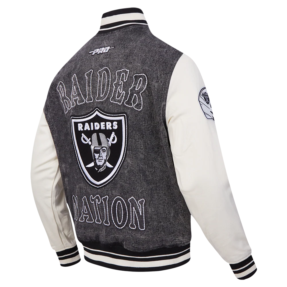 NFL LAS VEGAS RAIDERS REBEL ATHLETICS MEN'S DENIM VARSITY JACKET (WASHED BLACK/EGGSHELL) - Image 13