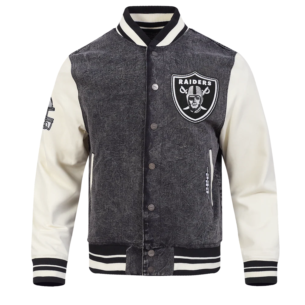 NFL LAS VEGAS RAIDERS REBEL ATHLETICS MEN'S DENIM VARSITY JACKET (WASHED BLACK/EGGSHELL) - Image 3