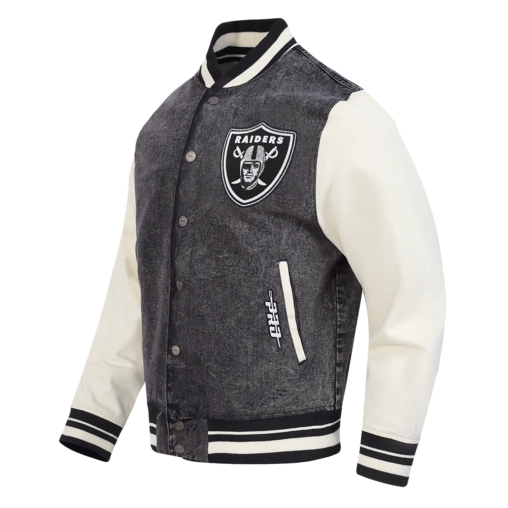 NFL LAS VEGAS RAIDERS REBEL ATHLETICS MEN'S DENIM VARSITY JACKET (WASHED BLACK/EGGSHELL) - Image 4