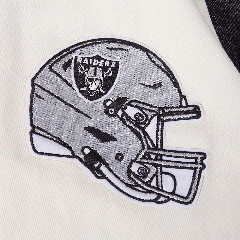 NFL LAS VEGAS RAIDERS REBEL ATHLETICS MEN'S DENIM VARSITY JACKET (WASHED BLACK/EGGSHELL) - Image 7