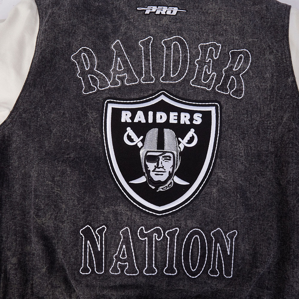 NFL LAS VEGAS RAIDERS REBEL ATHLETICS MEN'S DENIM VARSITY JACKET (WASHED BLACK/EGGSHELL) - Image 8