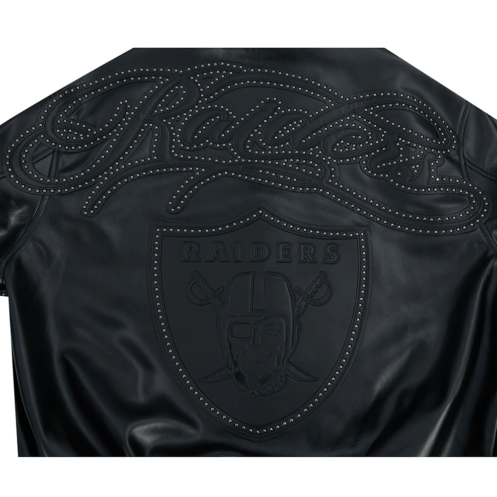 NFL LAS VEGAS RAIDERS BLACKOUT MEN'S LEATHER VARSITY JACKET (JET BLACK) - Image 5