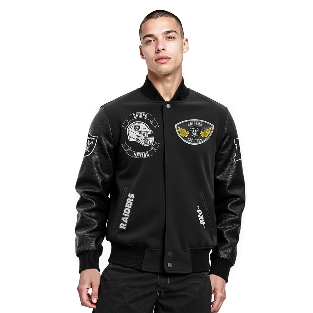 NFL LAS VEGAS RAIDERS BORN FOR SPORT MEN'S WOOL VARSITY JACKET (JET BLACK)