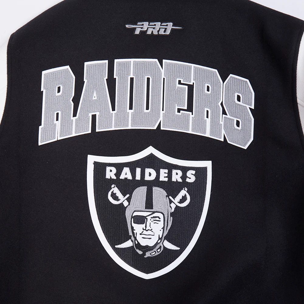 NFL LAS VEGAS RAIDERS CITY ARCH MEN'S WOOL VARSITY JACKET (BLACK/WHITE) - Image 9