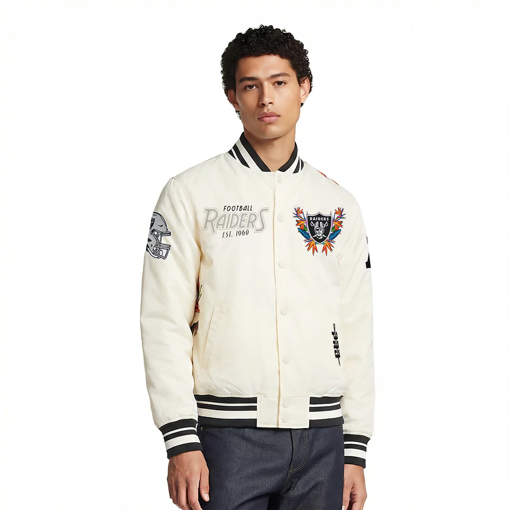 NFL LAS VEGAS RAIDERS PARADISE MEN'S SATIN JACKET (EGGSHELL/ BLACK)