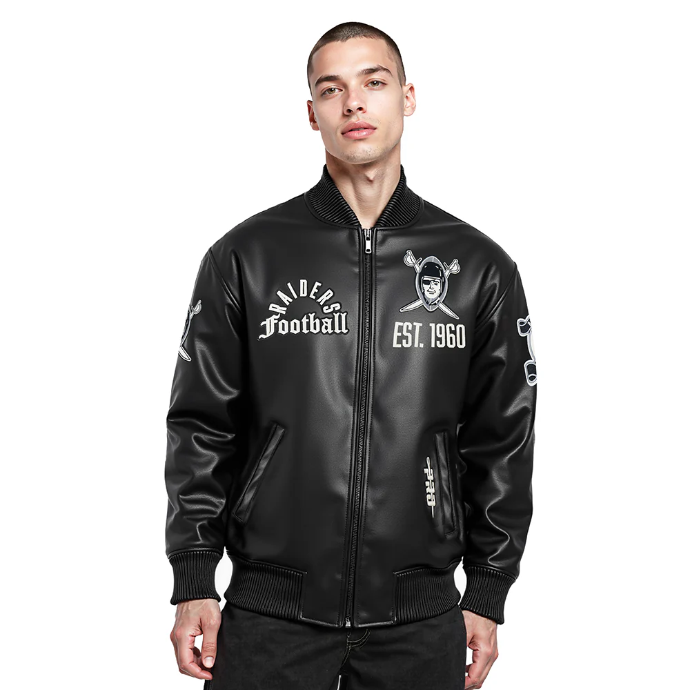 NFL LAS VEGAS RAIDERS MODERN ORIGINALS MEN'S LEATHER VARSITY JACKET (JET BLACK)