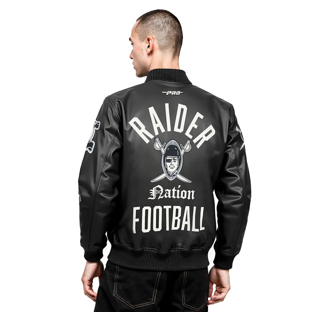 NFL LAS VEGAS RAIDERS MODERN ORIGINALS MEN'S LEATHER VARSITY JACKET (JET BLACK) - Image 2